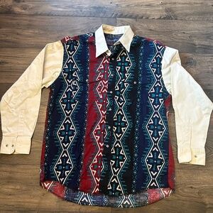 Vintage Wrangler Brushpopper Shirt Distressed Colorblock X-long Tails Size 17-35